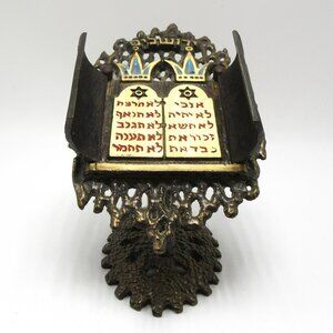 Vintage brass & enamel Ten Commandments on filigree base - hinged - Judaica